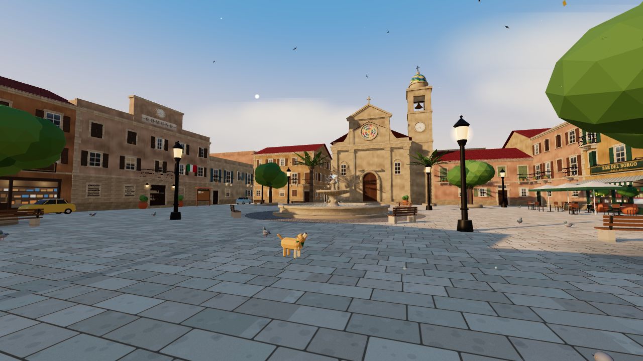 La piazza del borgo al tramonto: fontana, chiesa con campanile di maioliche, municipio e Bar del Borgo